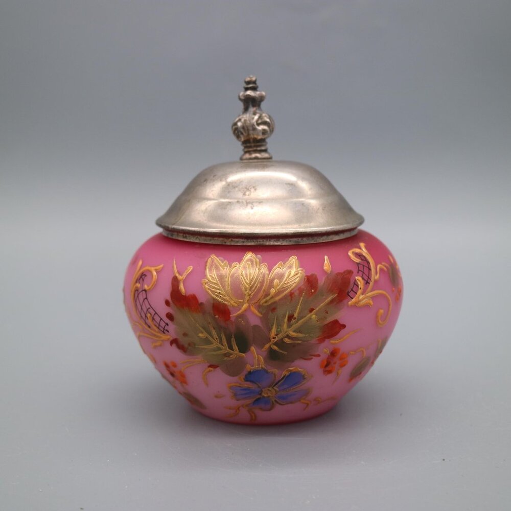 Vintage Pink Satin Glass Dresser Jar Hand Painted Enamel Flowers Gilt Decor